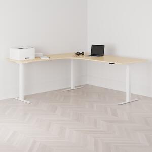 Höj och sänkbart hörnskrivbord, vänstersvängt, vitt stativ, björk bordsskiva 200x200cm
