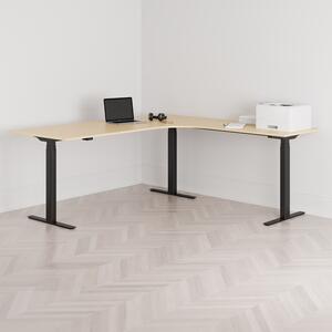 Höj och sänkbart hörnskrivbord, högersvängt, svart stativ, björk bordsskiva 200x200cm