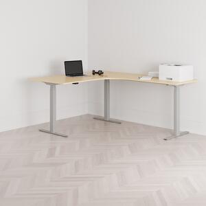 Höj och sänkbart hörnskrivbord, högersvängt, grått stativ, björk bordsskiva 160x200cm