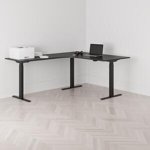 Höj och sänkbart hörnskrivbord, vänstersvängt, svart stativ, svart bordsskiva 160x200cm