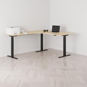 Höj och sänkbart hörnskrivbord, vänstersvängt, svart stativ, björk bordsskiva 160x200cm