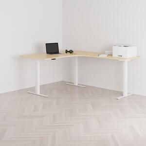 Höj och sänkbart hörnskrivbord, högersvängt, vitt stativ, björk bordsskiva 160x200cm