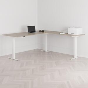 Höj och sänkbart hörnskrivbord, högersvängt, vitt stativ, ek bordsskiva 200x200cm