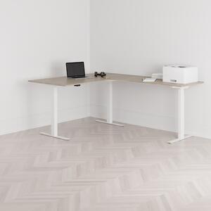 Höj och sänkbart hörnskrivbord, högersvängt, vitt stativ, ek bordsskiva 160x200cm