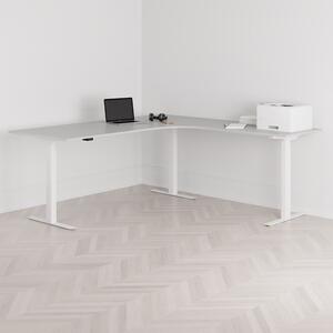 Höj och sänkbart hörnskrivbord, högersvängt, vitt stativ, grå bordsskiva 200x200cm
