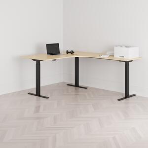 Höj och sänkbart hörnskrivbord, högersvängt, svart stativ, björk bordsskiva 160x200cm
