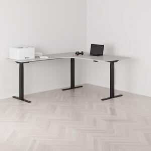 Höj och sänkbart hörnskrivbord, vänstersvängt, svart stativ, grå bordsskiva 160x200cm