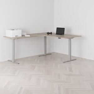 Höj och sänkbart hörnskrivbord, vänstersvängt, grått stativ, ek bordsskiva 160x200cm