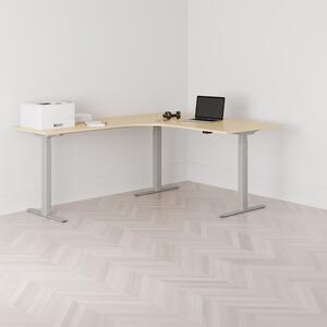 Höj och sänkbart hörnskrivbord, vänstersvängt, grått stativ, björk bordsskiva 160x200cm