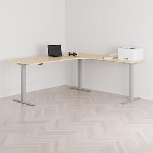 Höj och sänkbart hörnskrivbord, högersvängt, grått stativ, björk bordsskiva 200x200cm