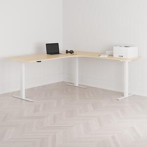Höj och sänkbart hörnskrivbord, högersvängt, vitt stativ, björk bordsskiva 200x200cm
