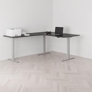 Höj och sänkbart hörnskrivbord, vänstersvängt, grått stativ, svart bordsskiva 160x200cm