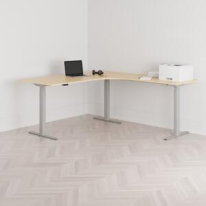 Höj och sänkbart hörnskrivbord, högersvängt, grått stativ, björk bordsskiva 180x200cm