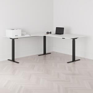 Höj och sänkbart hörnskrivbord, vänstersvängt, svart stativ, vit bordsskiva 180x200cm
