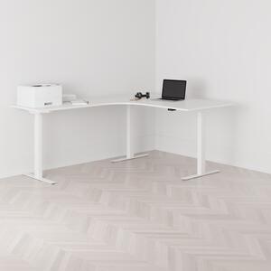 Höj och sänkbart hörnskrivbord, vänstersvängt, vitt stativ, vit bordsskiva 160x200cm