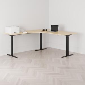 Höj och sänkbart hörnskrivbord, vänstersvängt, svart stativ, björk bordsskiva 180x200cm