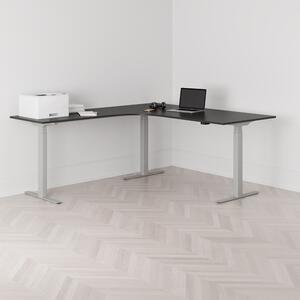 Höj och sänkbart hörnskrivbord, vänstersvängt, grått stativ, svart bordsskiva 180x200cm