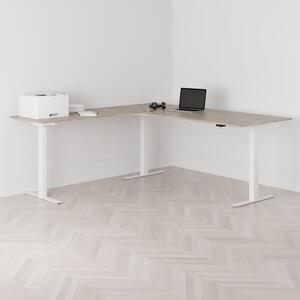 Höj och sänkbart hörnskrivbord, vänstersvängt, vitt stativ, ek bordsskiva 200x200cm
