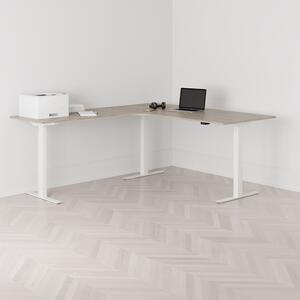 Höj och sänkbart hörnskrivbord, vänstersvängt, vitt stativ, ek bordsskiva 180x200cm