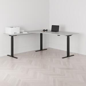 Höj och sänkbart hörnskrivbord, vänstersvängt, svart stativ, grå bordsskiva 180x200cm