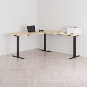 Höj och sänkbart hörnskrivbord, högersvängt, svart stativ, björk bordsskiva 180x200cm