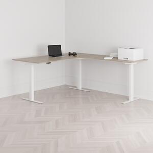 Höj och sänkbart hörnskrivbord, högersvängt, vitt stativ, ek bordsskiva 180x200cm