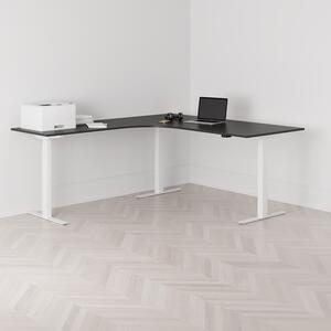 Höj och sänkbart hörnskrivbord, vänstersvängt, vitt stativ, svart bordsskiva 180x200cm