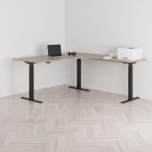 Höj och sänkbart hörnskrivbord, högersvängt, svart stativ, ek bordsskiva 180x200cm