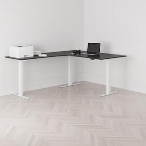 Höj och sänkbart hörnskrivbord, vänstersvängt, vitt stativ, svart bordsskiva 160x200cm