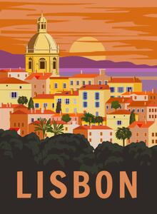 Illustration Lisbon VintageTravel Poster. Portugal cityscape landmark,, VectorUp