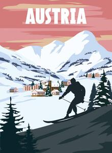 Illustration Austria Ski resort poster, retro. Alpes, VectorUp