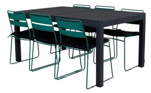 LINA MARBELLA Matbord 160/240x100 cm + 6 stolar - Grön/Svart | Utemöbler