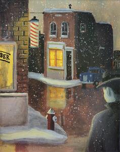 Illustration 1950s scene man approaching barber shop at night., Dave Rheaume Artist