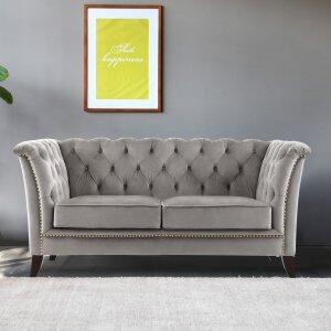 Henry 2-sits soffa Chesterfield i grå sammet + Möbelvårdskit för textilier