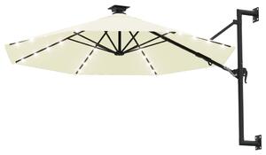 Väggmonterat parasoll med LED och metallstång 300 cm sandfärgad