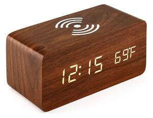 Digital Väckarklocka med trådlös laddning i betsat mörkt trä, snooze, tid/datum