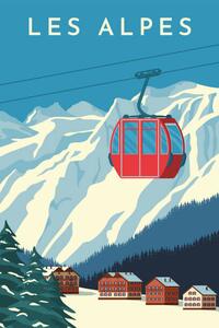 Illustration Ski resort with red gondola lift,, Rinat Khairitdinov