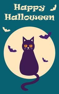 Illustration Happy Halloween postcard with a cat, Irina Nurtdinova