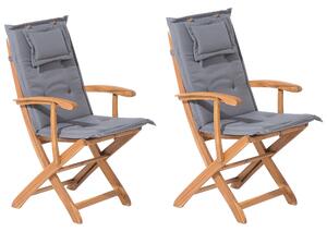 Trädgårsstol 2 st Ljust Akaciaträ med Ljusgråa Dynor Hopfällbara Rustik Design Beliani