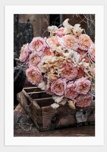 Pink roses in wooden box poster - 50x70
