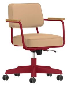 Vitra - Fauteuil Direction Pivotant, Natural Oak, Base Japanese Red, Leather Premium Cat. L40 Col. 63 Cashew - Kontorsstolar - Jean Prouvé - Beige
