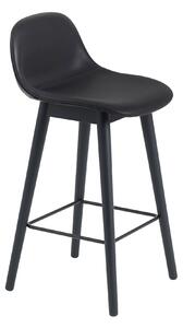 Muuto - Fiber Bar Stool w.Backrest, Wood Base, H:65cm, Silk Leather - Black/Black - Barstolar - Iskos-Berlin - Svart - Trä/Syntetiskt