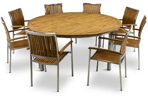 Stor rund trädgårdsgrupp i teak / rostfritt stål | Bord & 8 stolar