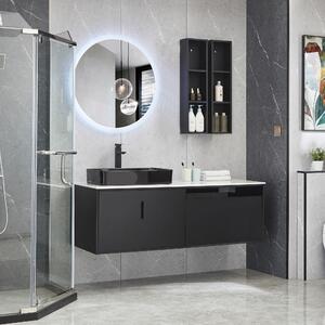 Badrumspaket | Kommod med bänkskiva i marmorerad komposit med stort handfat, hylla och spegel
