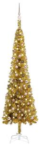 Plastgran smal med LED och julgranskulor guld 240 cm