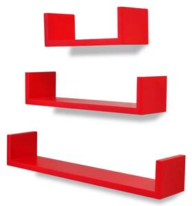 3 Flytande U-formade bok/CD-vägghyllor i MDF röd