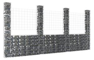 U-formad gabionkorg med 4 stolpar järn 380x20x200 cm - Silver