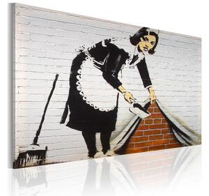 Tavla Rengöring Lady Banksy 60X40 Vit\|Svart Street art - Artgeist sp. z o. o
