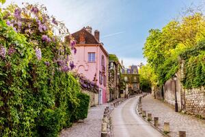 Fotografi Street in Montmartre with blooming wisteria, Alexander Spatari