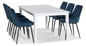 HAILEY Förlängningsbart Matbord 180 Vit + 6 VIKEN Stol Blå -